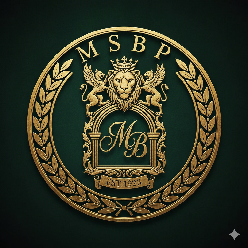 The image features a golden emblem with the letters MSBP, a lion, and a lamb, surrounded by a laurel wreath, all set against a dark background.