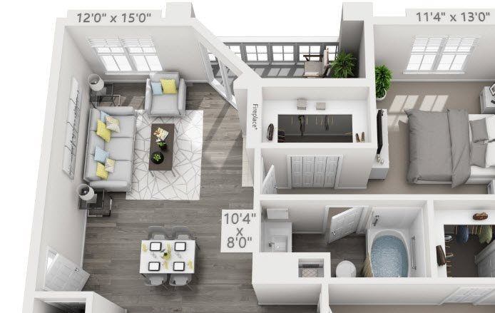 A floor plan of a two-bedroom apartment with a living room, kitchen, and bathroom.