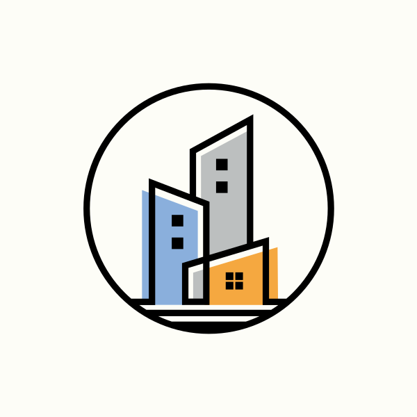 A graphic of three buildings with a black border and a white background.