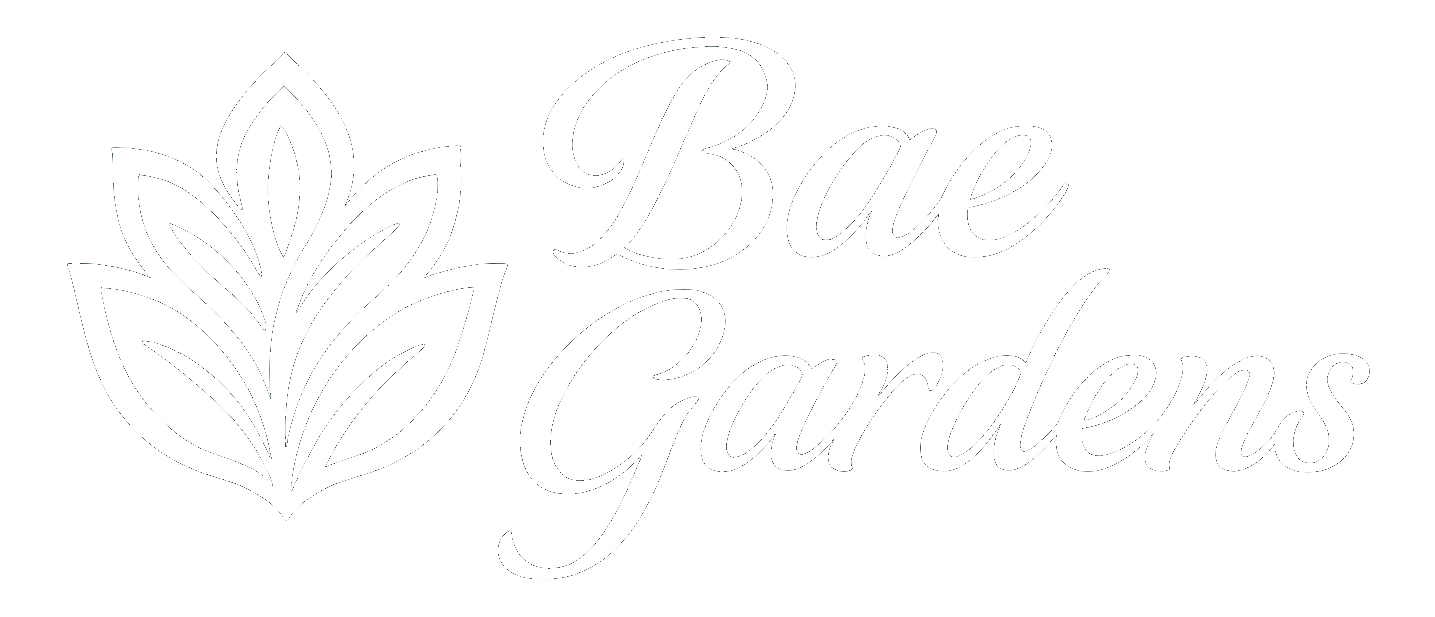A logo with the text "Bae Gardens" and a stylized plant leaf.
