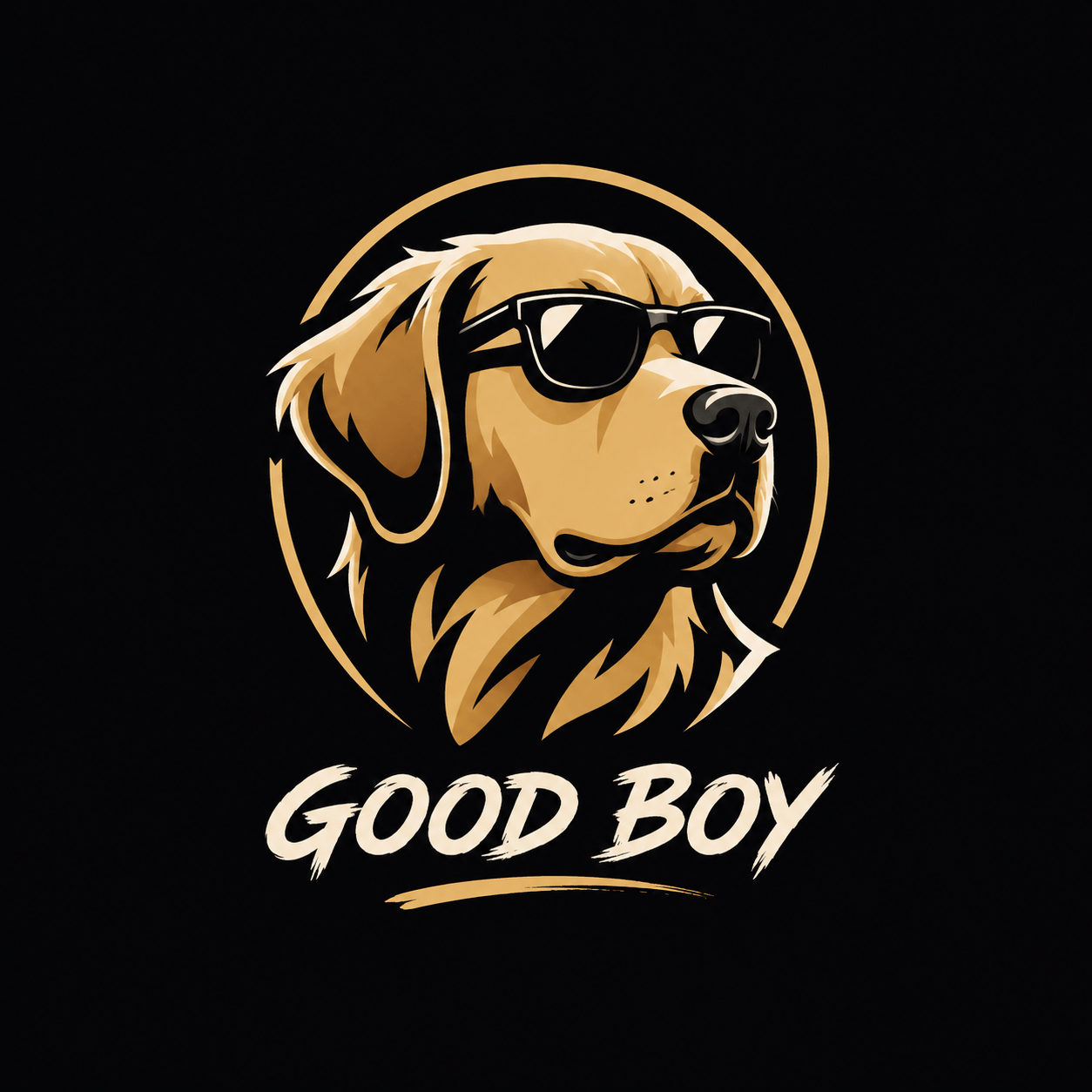 A golden dog wearing sunglasses with the text "GOOD BOY" below it.