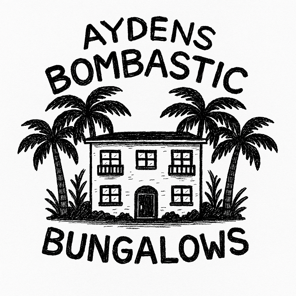 A black and white image of a bungalow with palm trees and the text "Aydens Bombastic Bungalows".