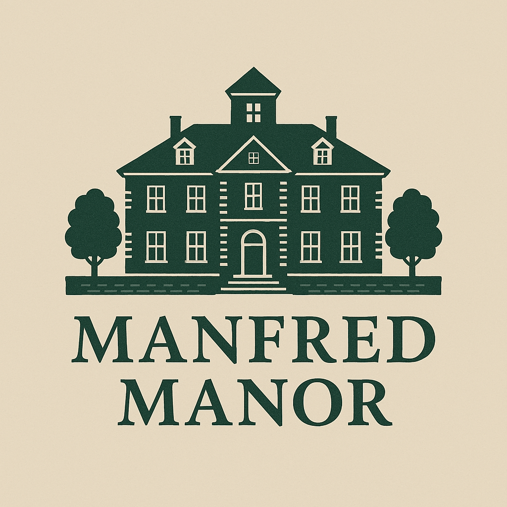 A logo with a house and the words "MANRED MANOR" in front of it.