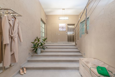 A hallway with a coat hanging on a rack and a potted plant on the steps.