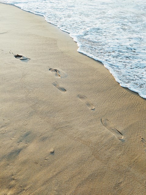 Footprints in the sand leading to the water.
