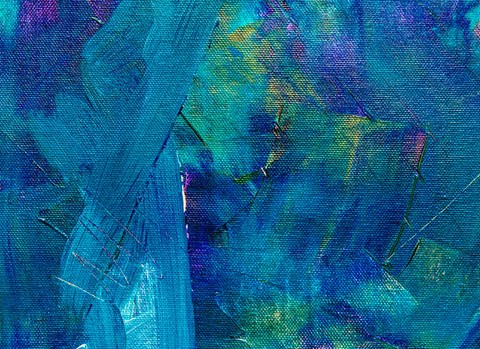 A painting with blue and purple hues and a rough texture.