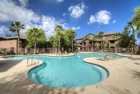 A large swimming pool surrounded by palm trees and lounge chairs.
