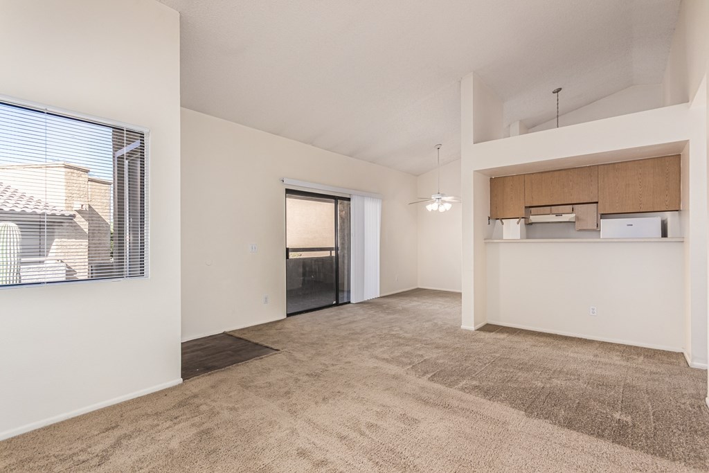 A spacious room with a carpeted floor and a window with blinds.