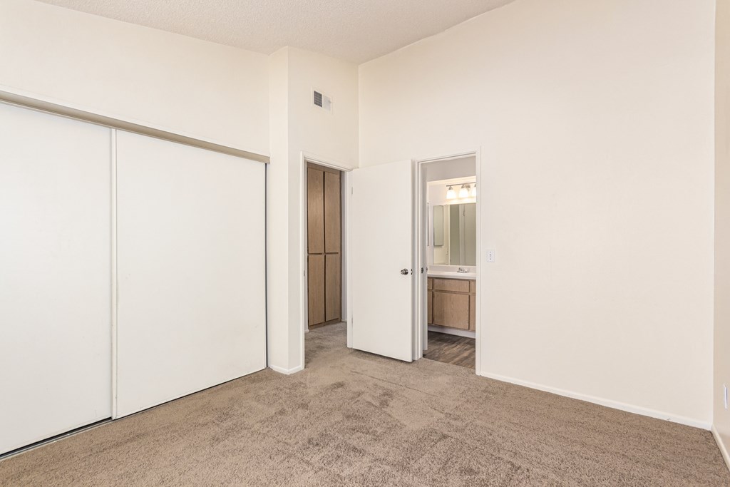 A room with a carpeted floor, a white door, and a brown door.
