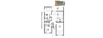 A floor plan for a Ponderosa Meadows townhome with two bedrooms and a garage.