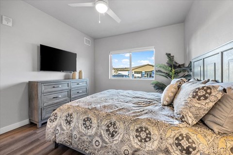a bedroom with a bed and a tv