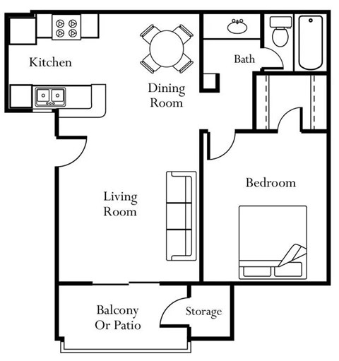 A simple black and white floor plan of a house with labeled rooms.