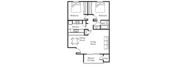 A floor plan of a house with two bedrooms, a kitchen, a dining room, a living room, a balcony or patio, and storage.