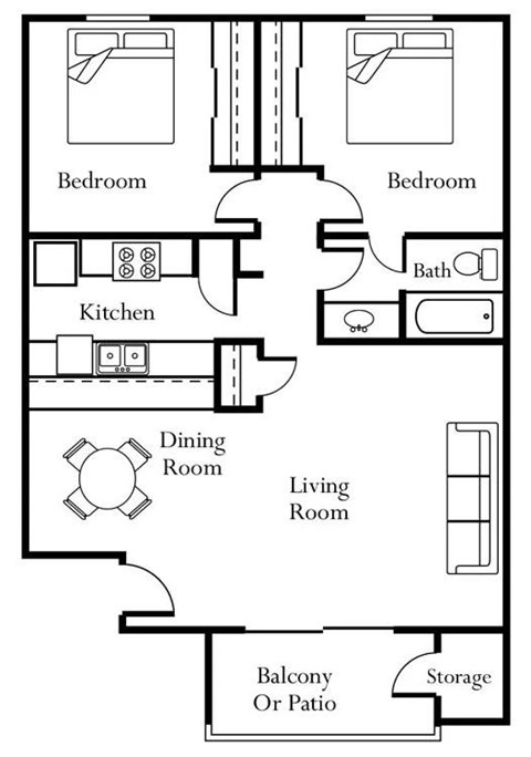 A floor plan of a house with two bedrooms, a kitchen, a dining room, a living room, a balcony or patio, and storage.