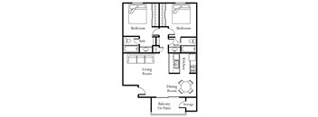 A black and white image of a floor plan for a house with two bedrooms, a living room, a kitchen, a dining room, a balcony or patio, and a storage area.