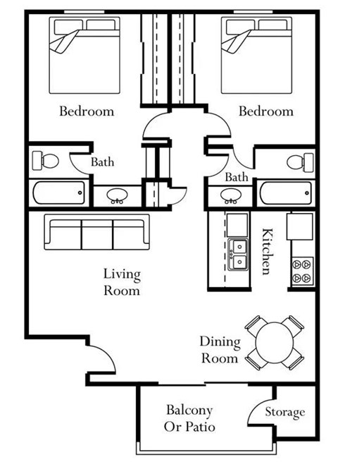 A black and white image of a floor plan for a house with two bedrooms, a living room, a kitchen, a dining room, a balcony or patio, and a storage area.