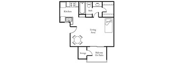 A black and white image of a house floor plan with a kitchen, bath, living area, storage, and balcony or patio.