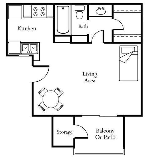A black and white image of a house floor plan with a kitchen, bath, living area, storage, and balcony or patio.