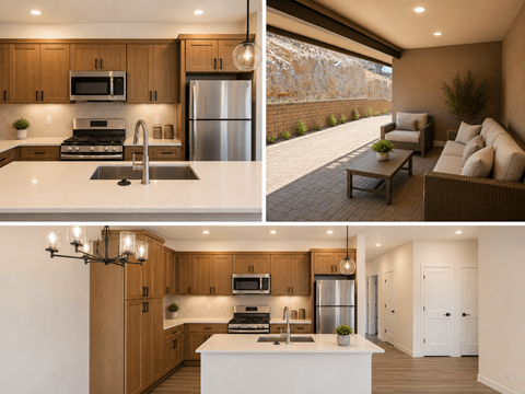 A modern kitchen with wooden cabinets and a stainless steel refrigerator.