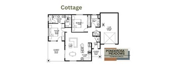 A floor plan of a cottage with a living room, kitchen, two bedrooms and a master suite.