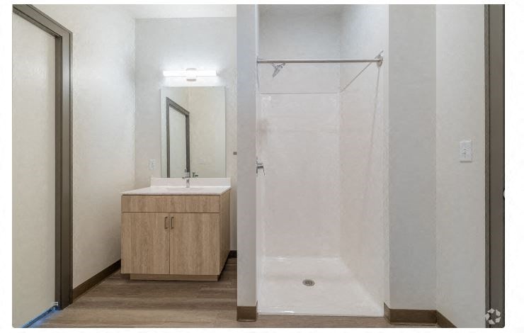 a bathroom with a shower and a sink and a mirror