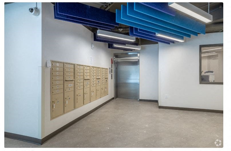 a locker room with a row of lockers