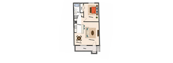 A floor plan of a house with a living room, dining area, kitchen, bedroom, bathroom, and porch.