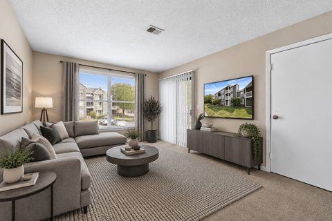 A living room with a grey couch, a coffee table, and a flat screen TV mounted on the wall.