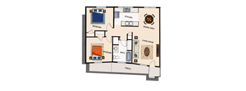 A floor plan of a house with two bedrooms, a living room, a dining area, a kitchen, a bathroom, and a porch.