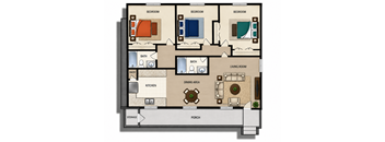 A floor plan of a house with three bedrooms, a living room, a dining area, a kitchen, a bathroom, a porch, and a storage area.