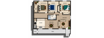 A floor plan of a house with a master bedroom, two bedrooms, a living room, a dining area, a kitchen, a pantry, a bathroom, and a storage area.