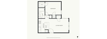 A floor plan of a small apartment with a bedroom, living room, and kitchen.