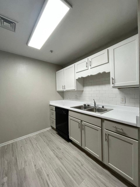 an empty kitchen with white cabinets and a sink