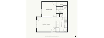 A floor plan of a small apartment with a living room, kitchen, and bedroom.
