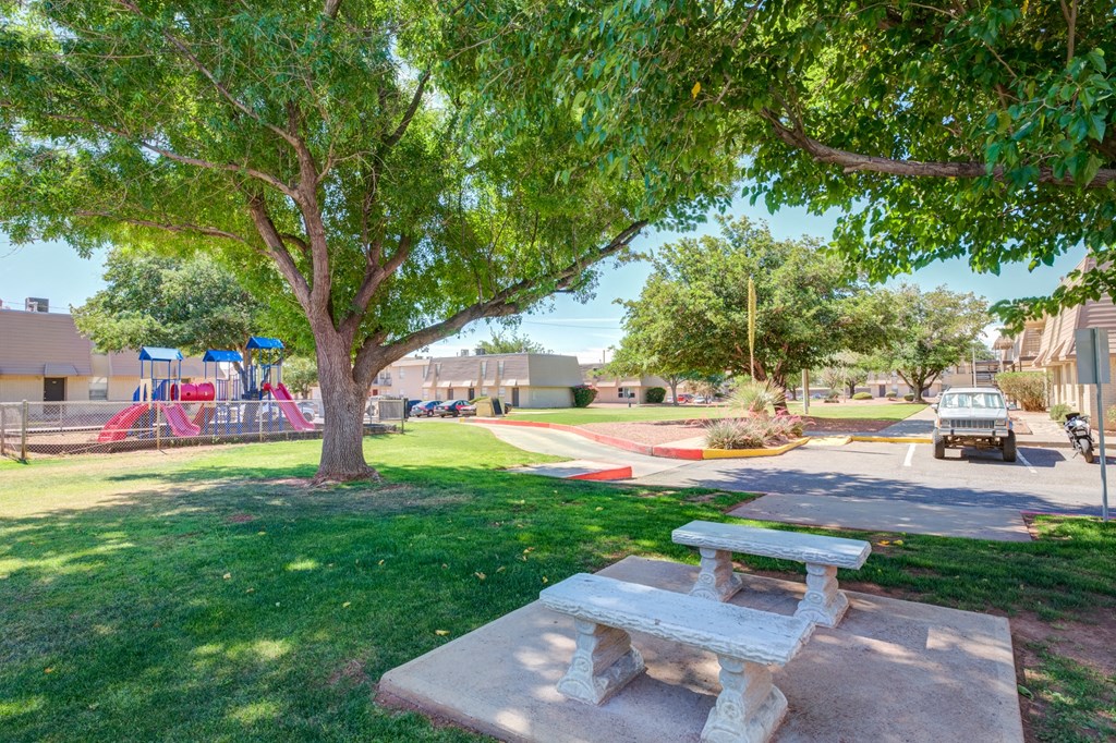 a picnic table sitting under a tree in a park