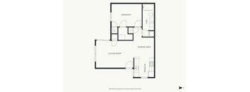 A floor plan of a house with a bedroom, living room, dining area, and kitchen.