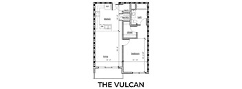 A floor plan of a one bedroom apartment with a kitchen and bathroom.