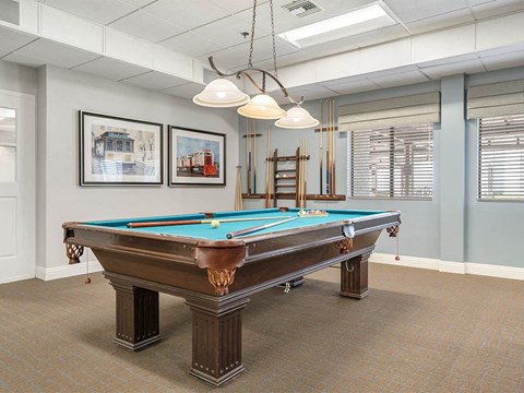 a games room with a pool table