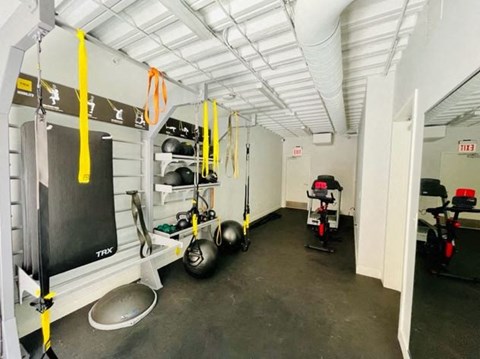 a gym with weights and other equipment in a garage