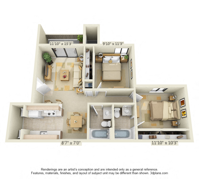 Cardinal 2x2 Floor Plan 880 Square Feet at Bishop's Court Apartments, California, 95670
