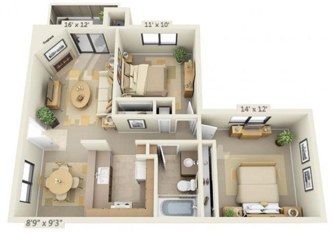 Sierra Glen 2x1 Floor Plan 932 Square Feet