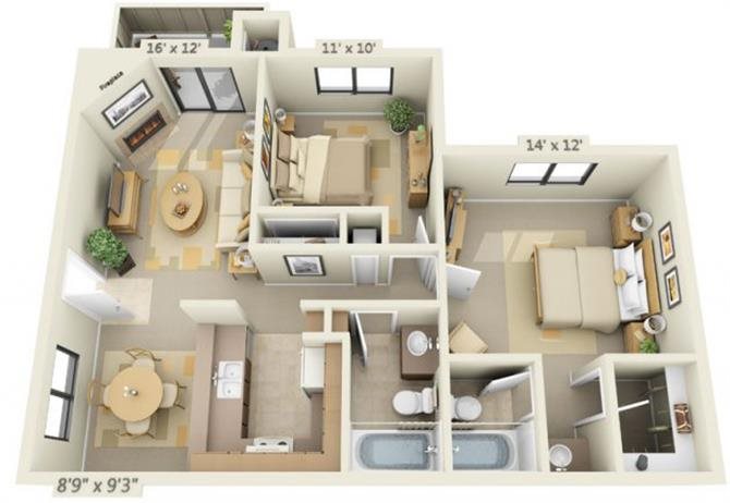 Sierra Glen 2x2 Floor Plan 932 Square Feet