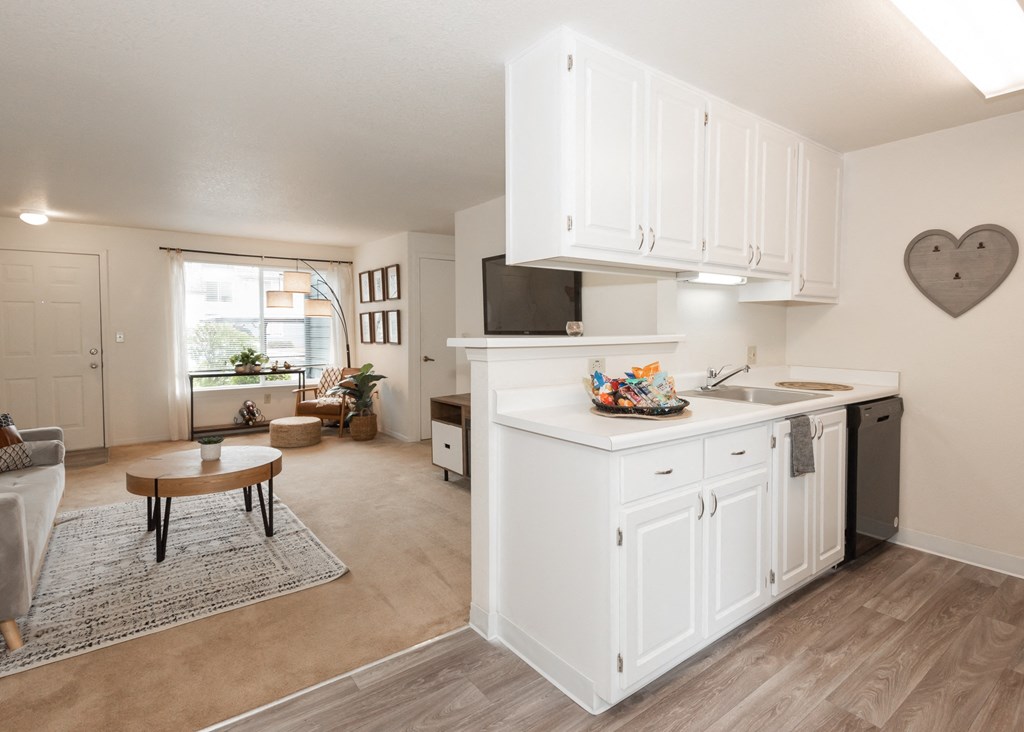 Creekside Village model updated kitchen and living room view