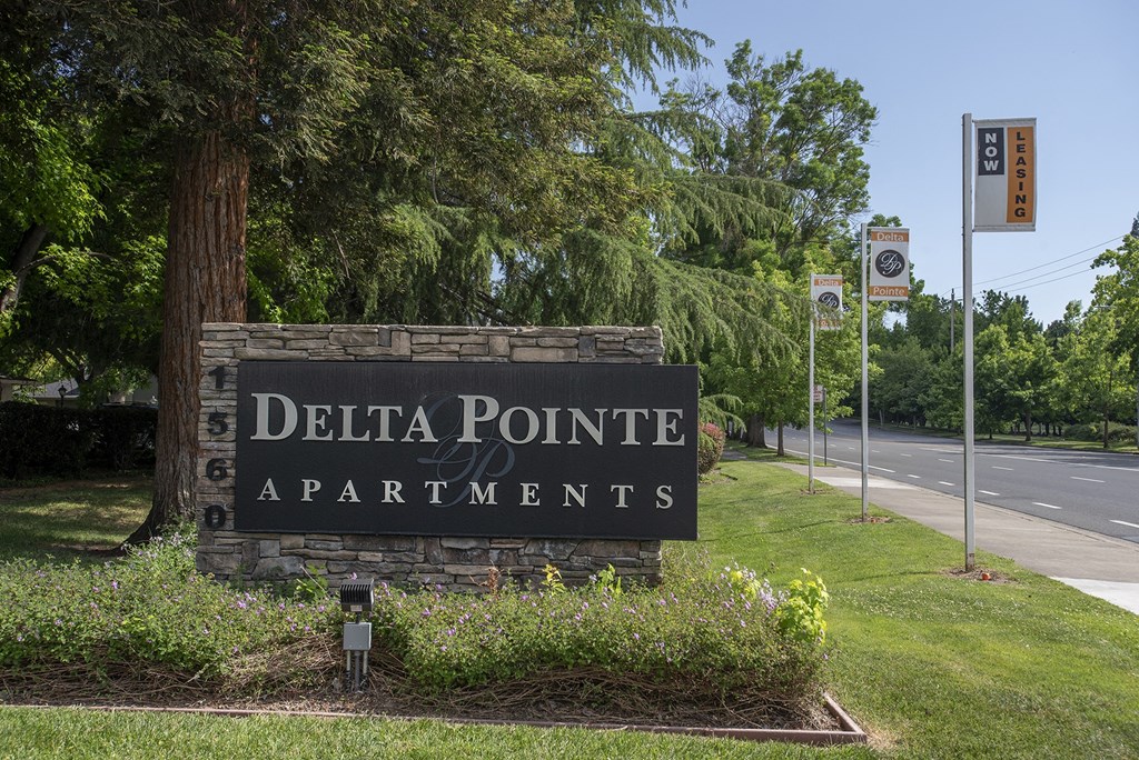 monument sign and street flags at Delta Pointe Apartments, Sacramento, CA