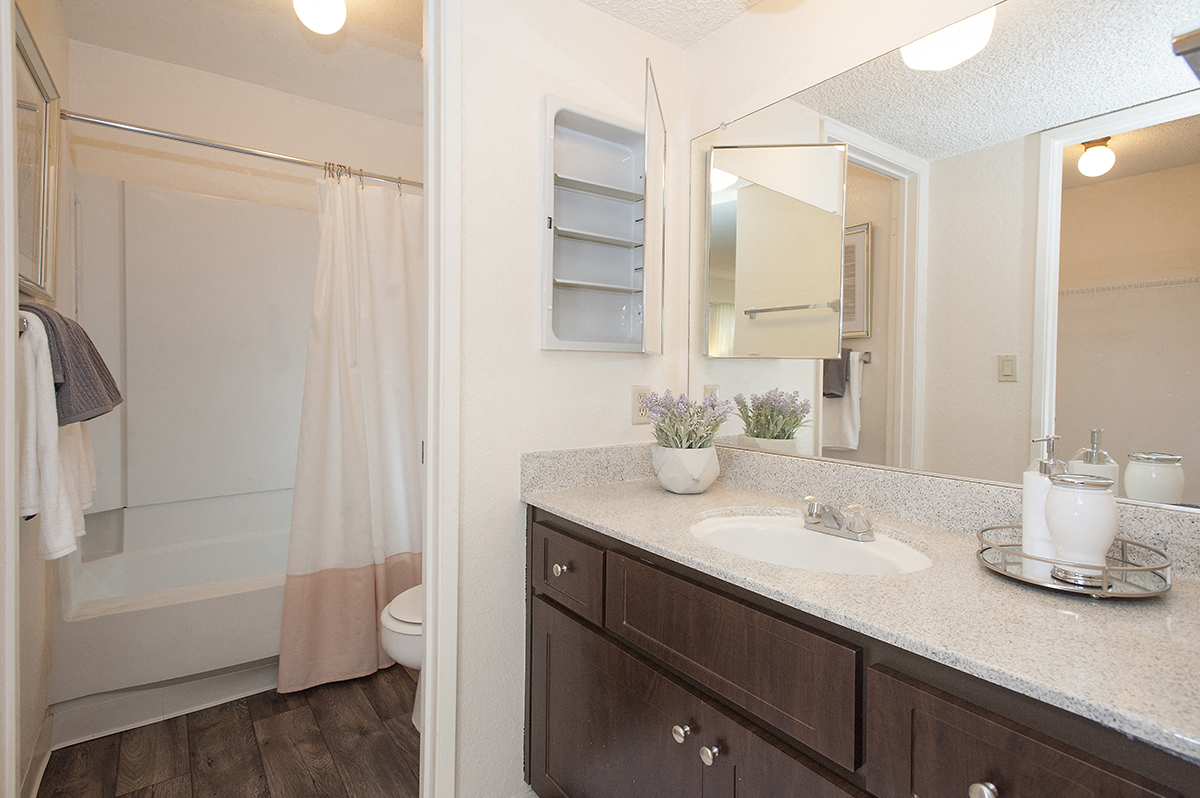 Model Master Bathroom at Delta Pointe Apartments, California