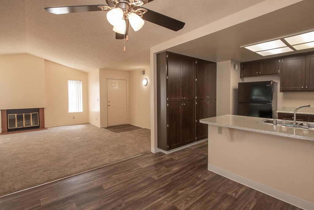 vacant kitchen and living room  at Delta Pointe Apartments, CA 95833