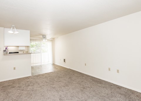 an empty living room and kitchen with white walls and carpet