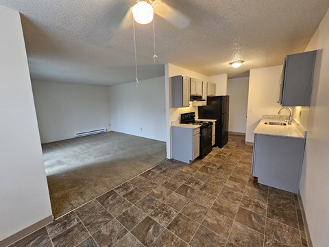 the living room and kitchen of an empty apartment