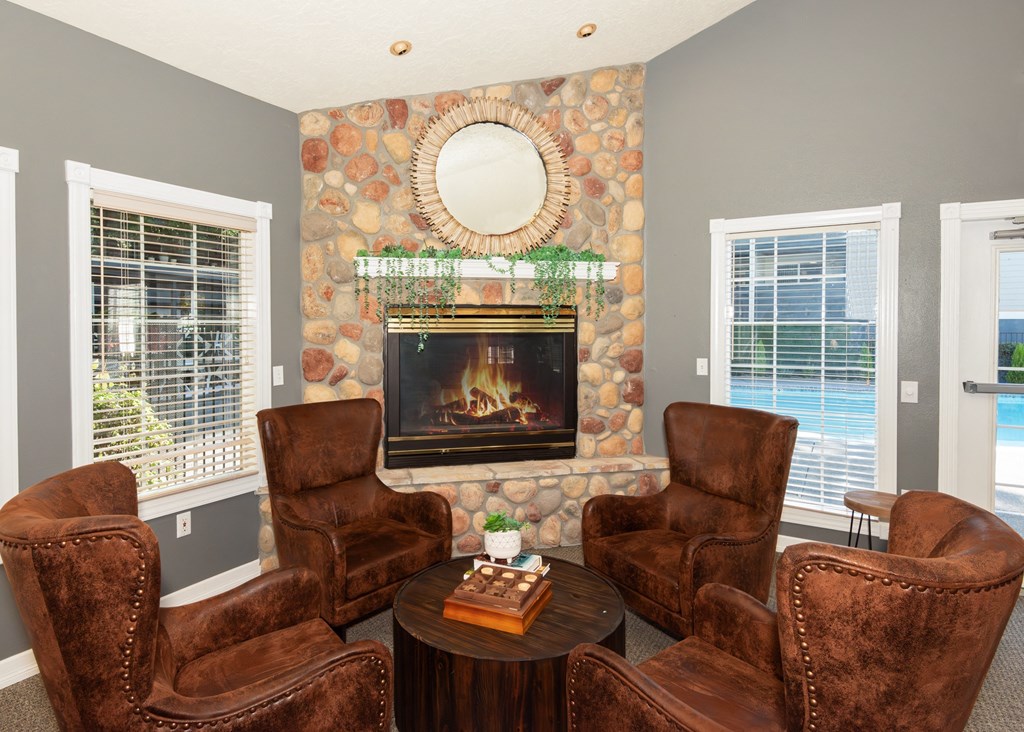 clubhouse fireplace lounge at Hathaway Court Apartments, Wilsonville