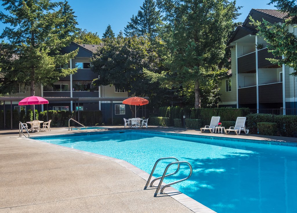 Seasonal Pool and Building Exteriors at Hathaway Court Apartments, Wilsonville, 97070